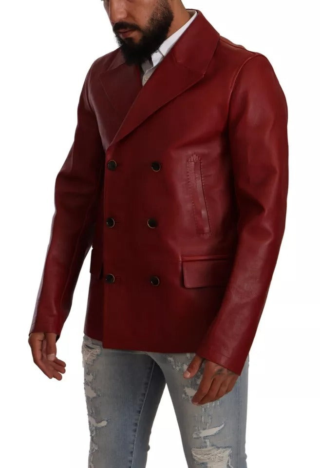 Red Double Breasted Leather Coat Jacket