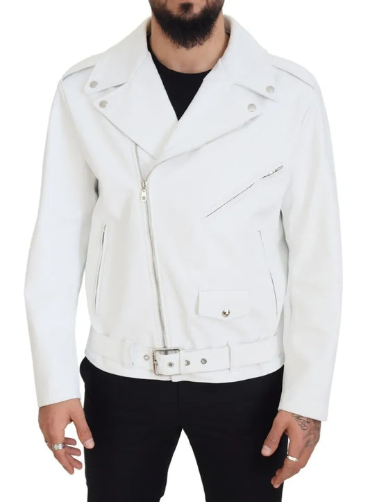 White Leather Biker Coat Zipper Jacket