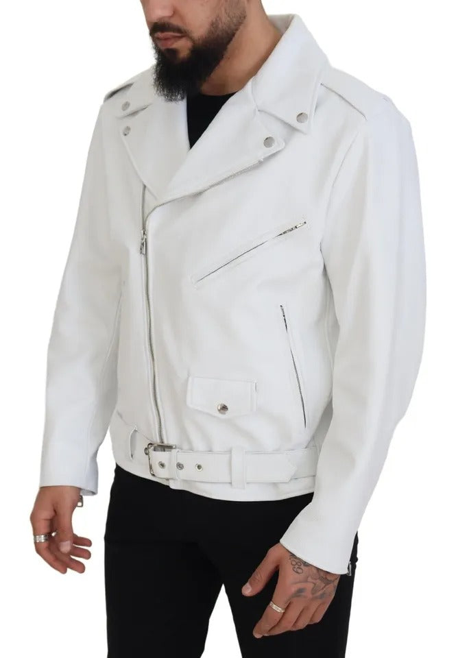 White Leather Biker Coat Zipper Jacket