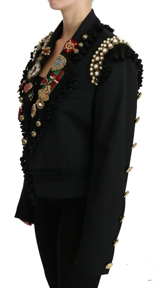 Black Crystal Blazer Coat Wool Jacket