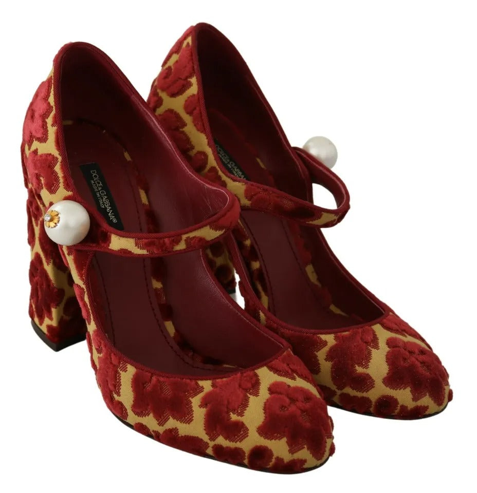 Red Floral Brocade Heels Mary Janes Pumps Shoes