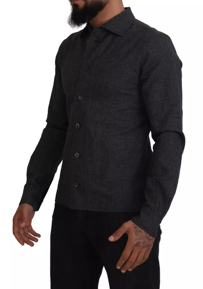 Black Gray Checkered Long Sleeves Collared Casual Shirt