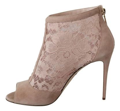 Beige Lace Suede Peep Toe Ankle Boots Shoes