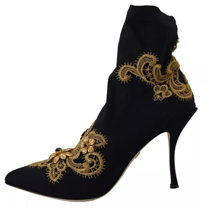 Black Gold Embroidery Slip On Boots Shoes