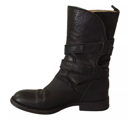 Black Leather Buckle Mid Calf Boots Shoes