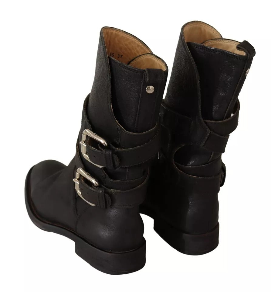 Black Leather Buckle Mid Calf Boots Shoes