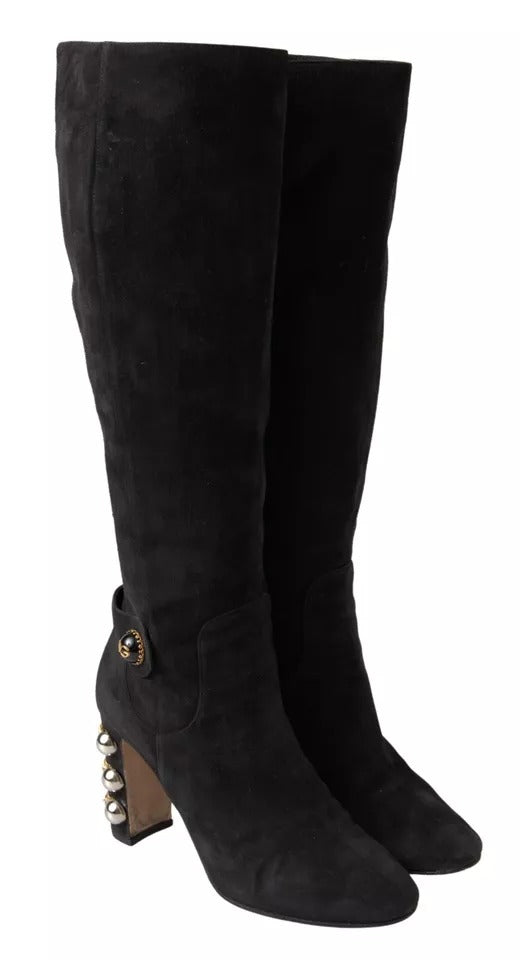 Black Suede Embellished High Boots Shoes