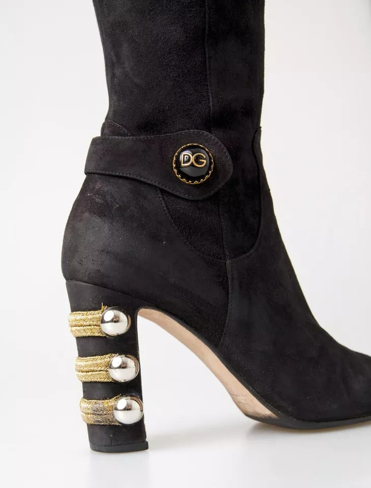 Black Suede Embellished High Boots Shoes