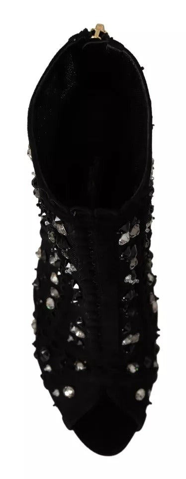 Black Tulle Suede Crystals Heels Boots Shoes