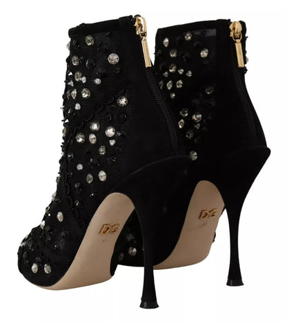 Black Tulle Suede Crystals Heels Boots Shoes