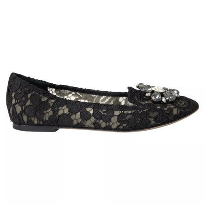 Black Taormina Lace Crystals Flats Shoes