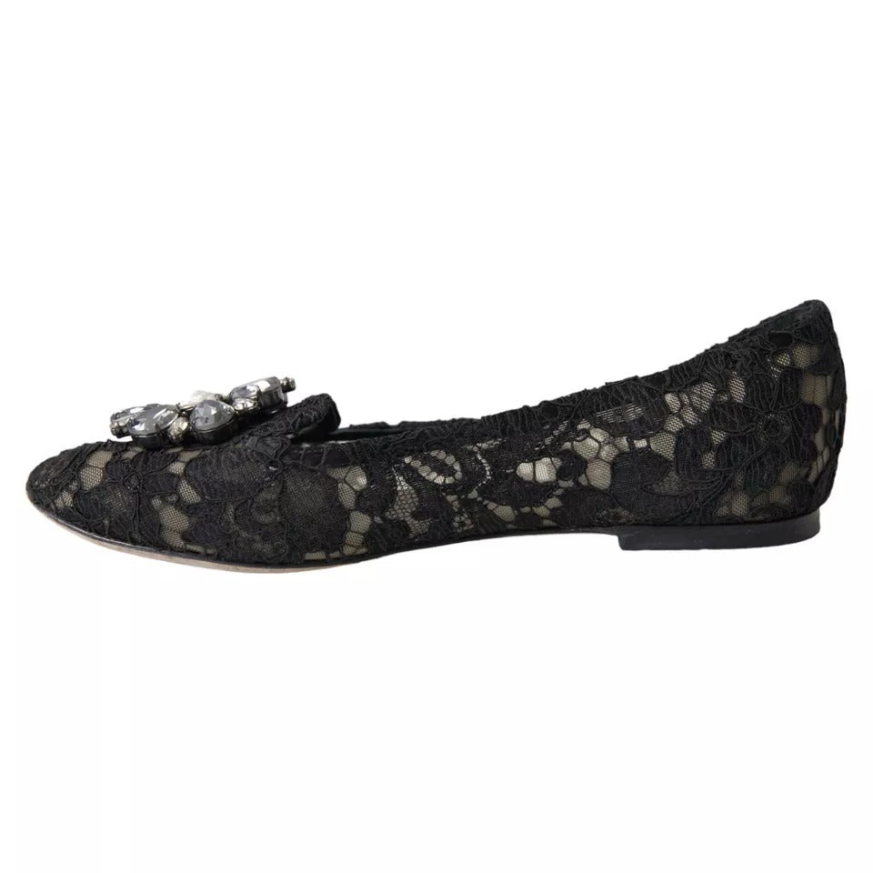 Black Taormina Lace Crystals Flats Shoes