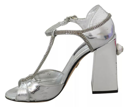 Silver Crystals T-strap Sandals Leather Shoes