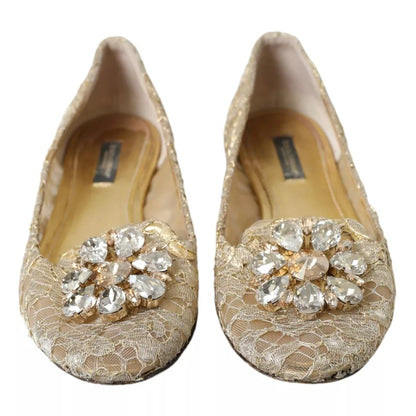 Gold Lace Crystal Ballet Loafers Shoes