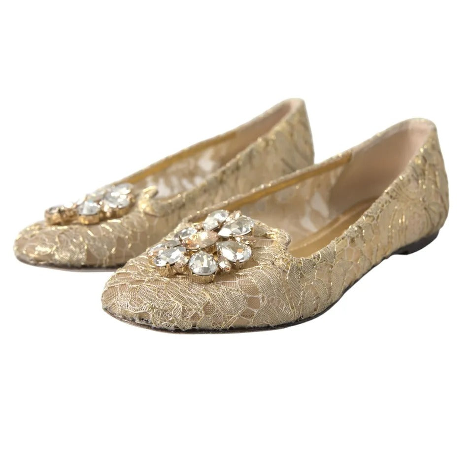 Gold Lace Crystal Ballet Loafers Shoes