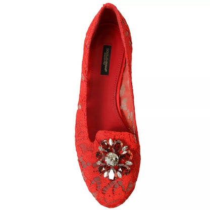 Red Lace Crystal Ballet Loafers Shoes