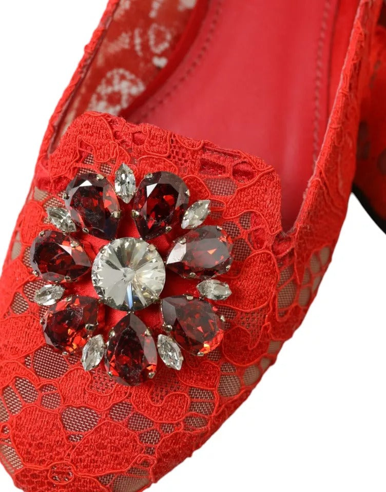 Red Lace Crystal Ballet Loafers Shoes