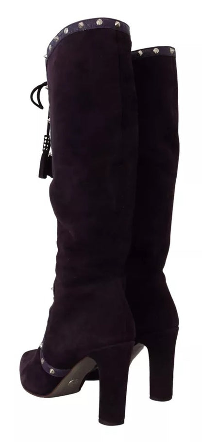 Purple Suede Leather Studded High Boots Shoes