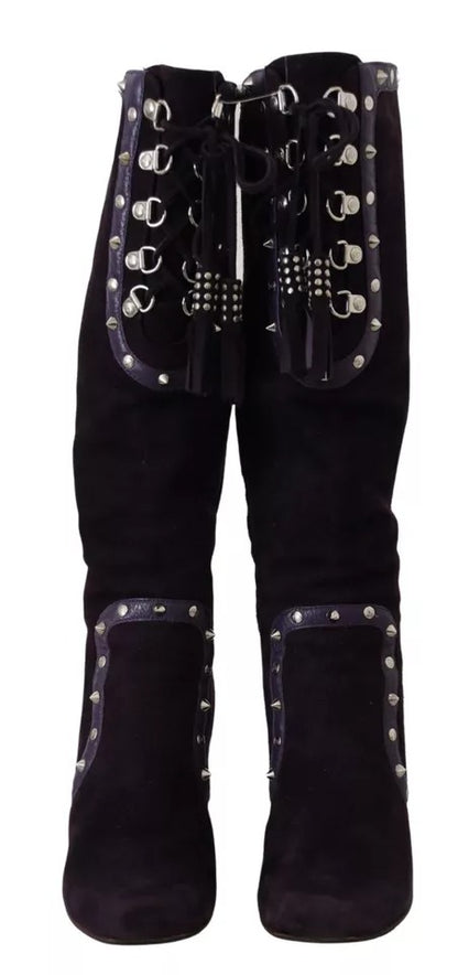 Purple Suede Leather Studded High Boots Shoes