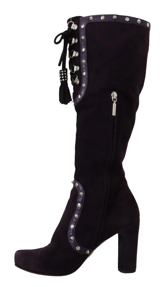 Purple Suede Leather Studded High Boots Shoes