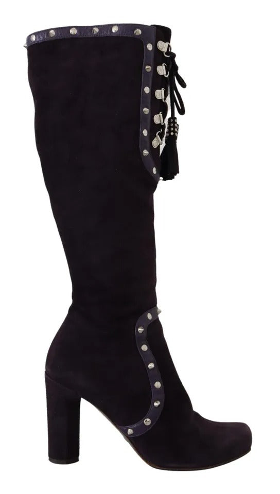 Purple Suede Leather Studded High Boots Shoes