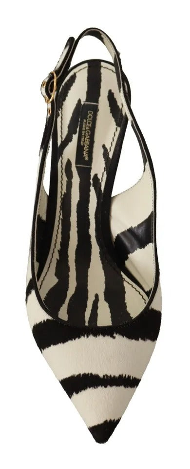 Black White Zebra Leather Heels Slingback Shoes