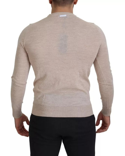 Beige Virgin Wool Crew Neck Pullover Sweater