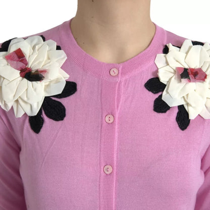 Pink Floral Crew Neck Button Cardigan Sweater