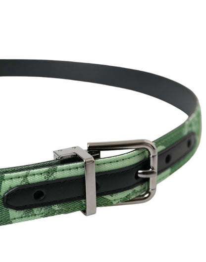 Green Leather Jacquard Silver Metal Buckle Belt