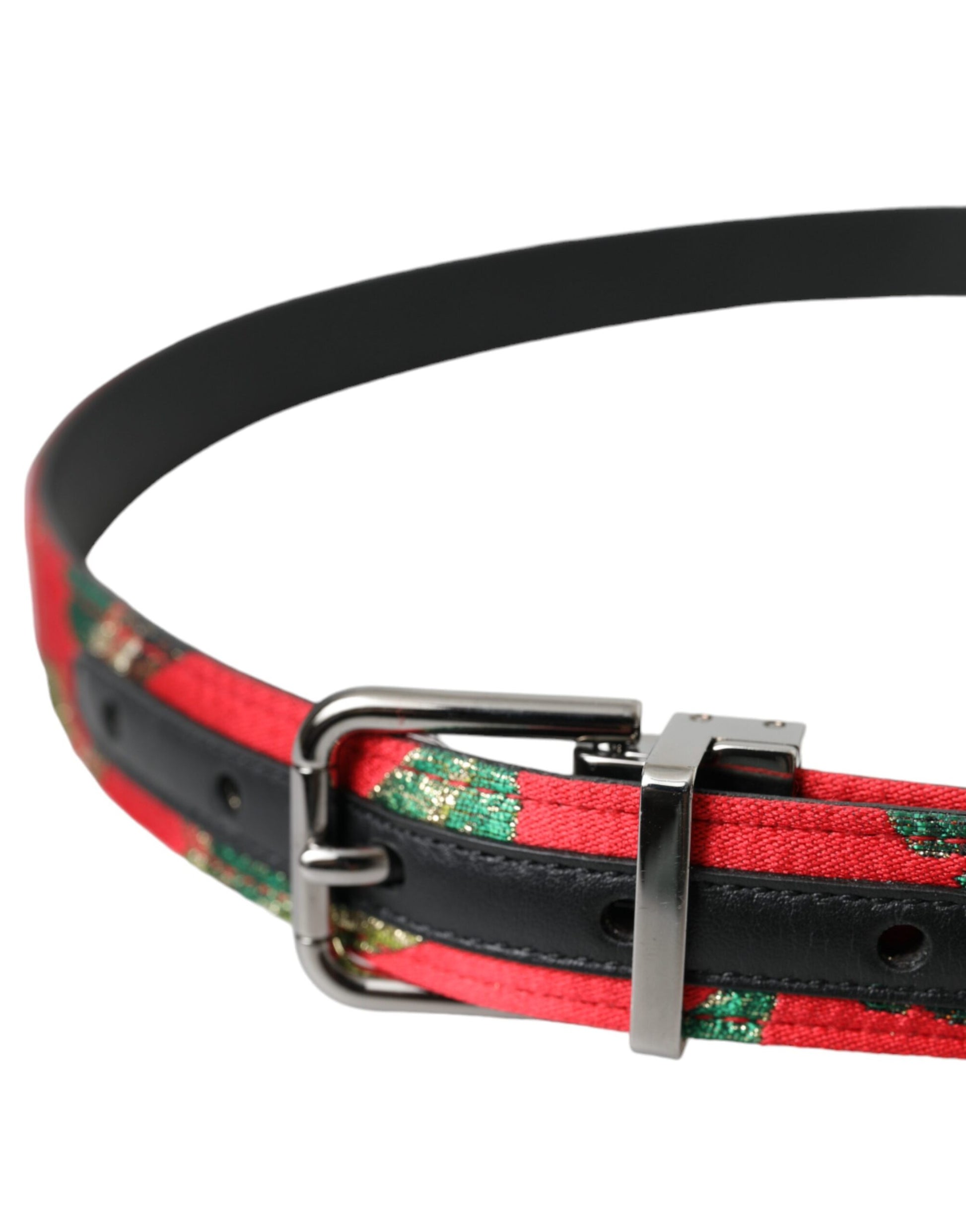 Red Leather Jacquard Silver Metal Buckle Belt