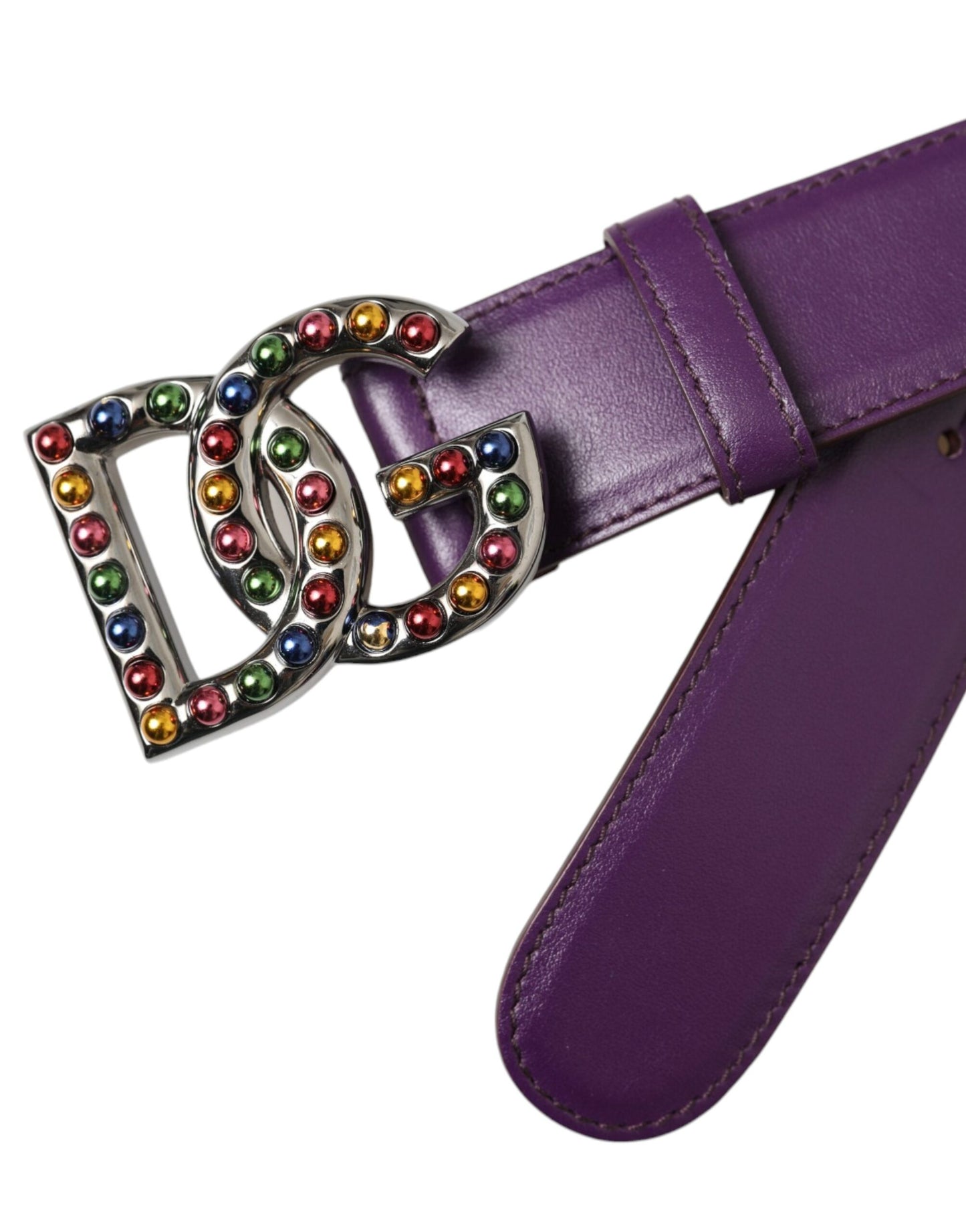 Purple Leather DG Logo Studs Metal Buckle Belt