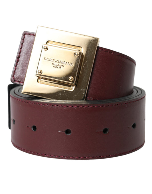 Burgundy Leather Square Metal Buckle Belt