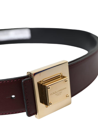 Burgundy Leather Square Metal Buckle Belt