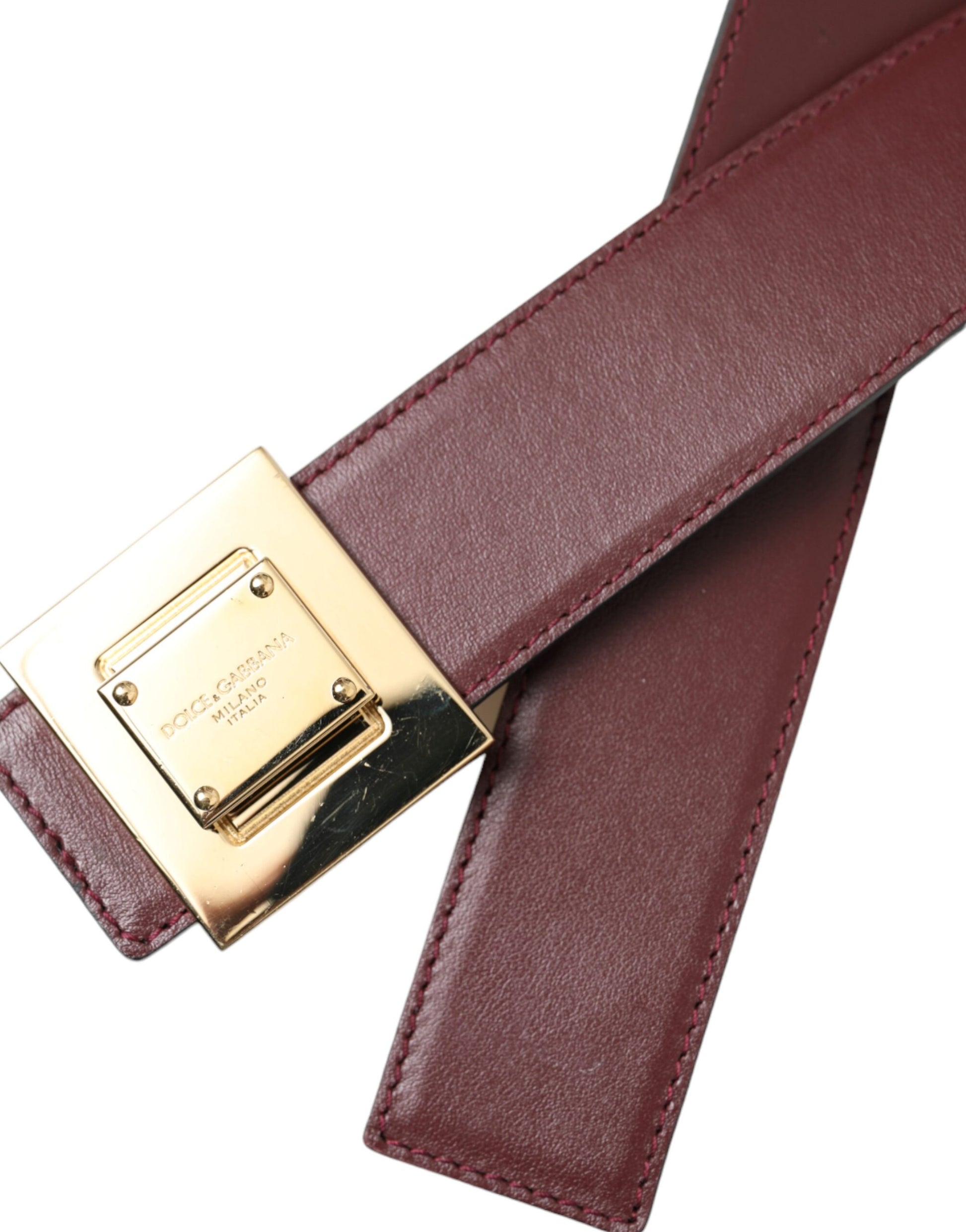 Burgundy Leather Square Metal Buckle Belt