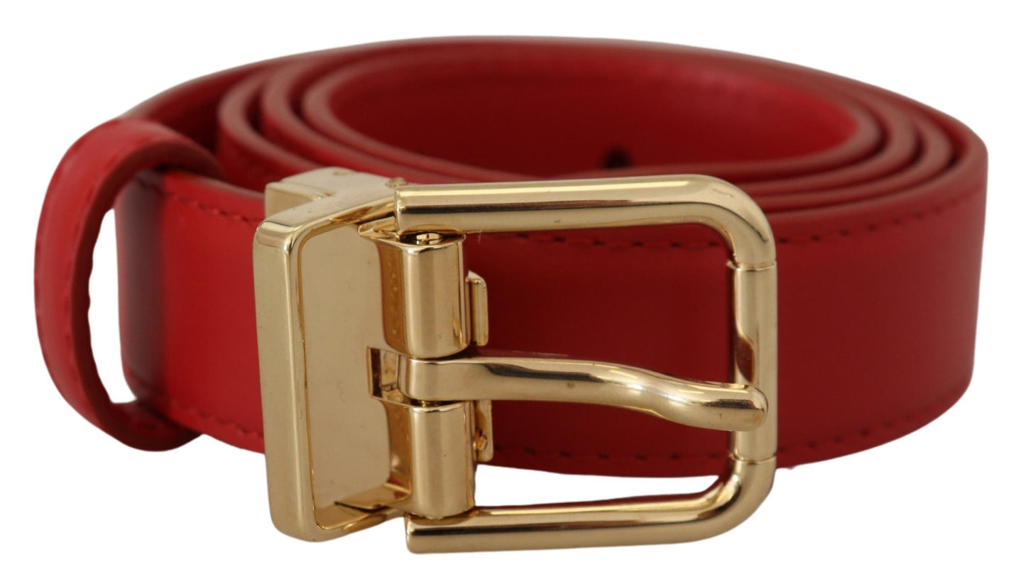 Red Calfskin Leather Gold Metal Buckle Belt