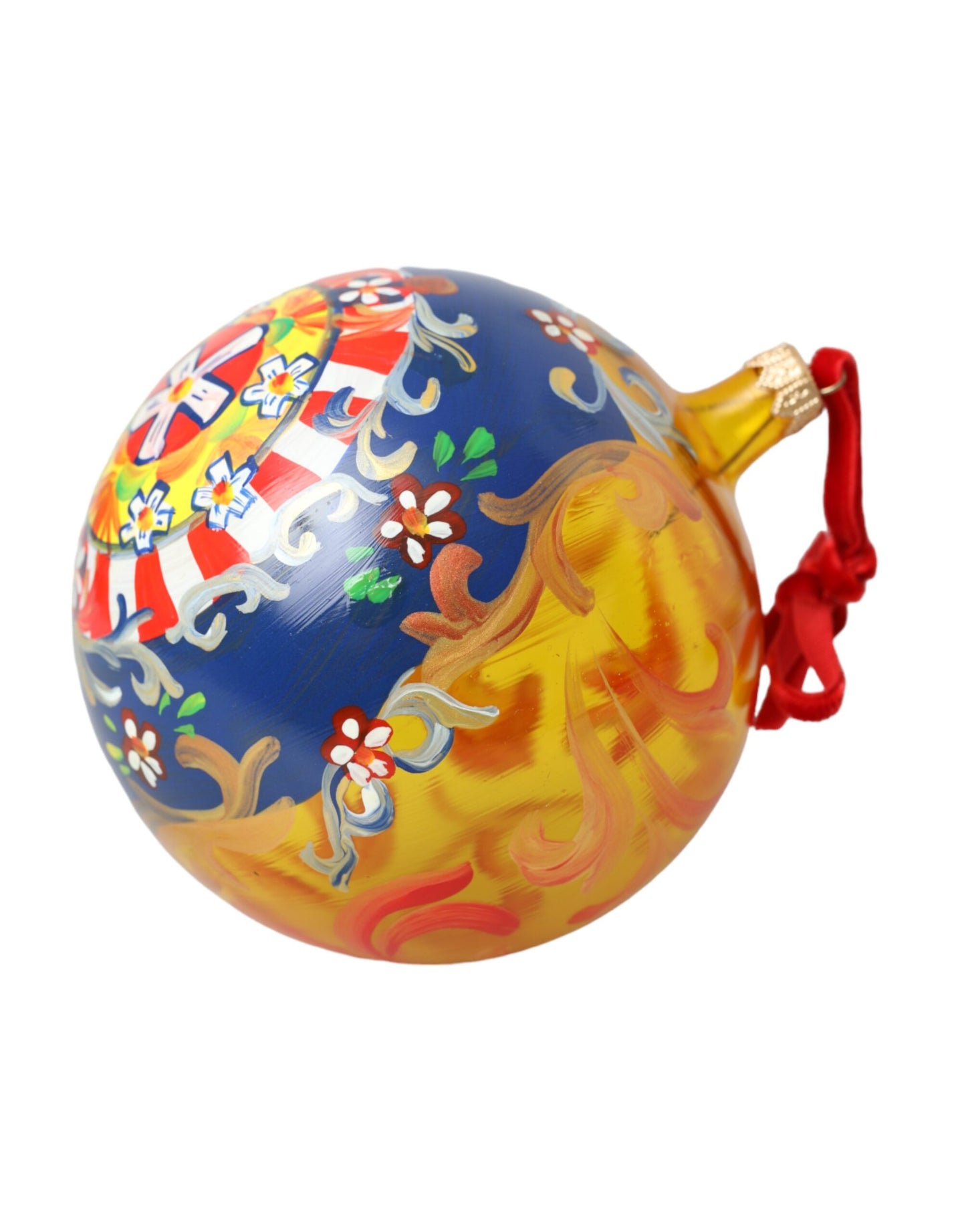 Gold Tone Carretto Print Round Ornament Christmas Ball