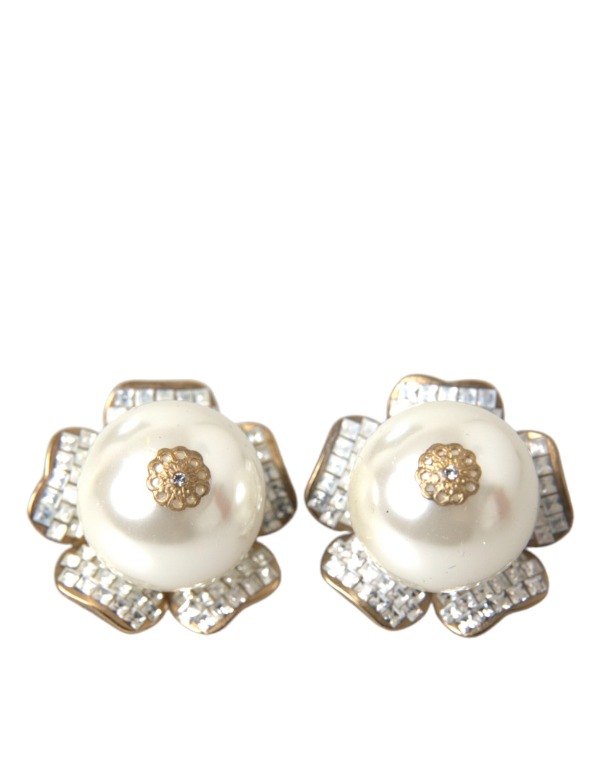 Gold Tone Maxi Faux Pearl Floral Clip-on Jewelry Earrings