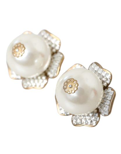 Gold Tone Maxi Faux Pearl Floral Clip-on Jewelry Earrings