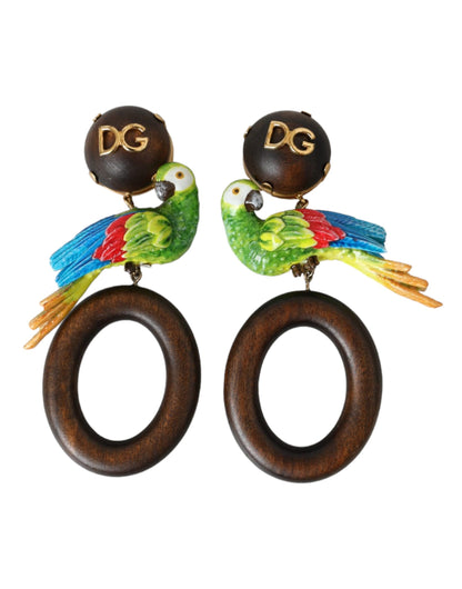 Multicolor Parrot Wood Brass Crystal Embellished Earring