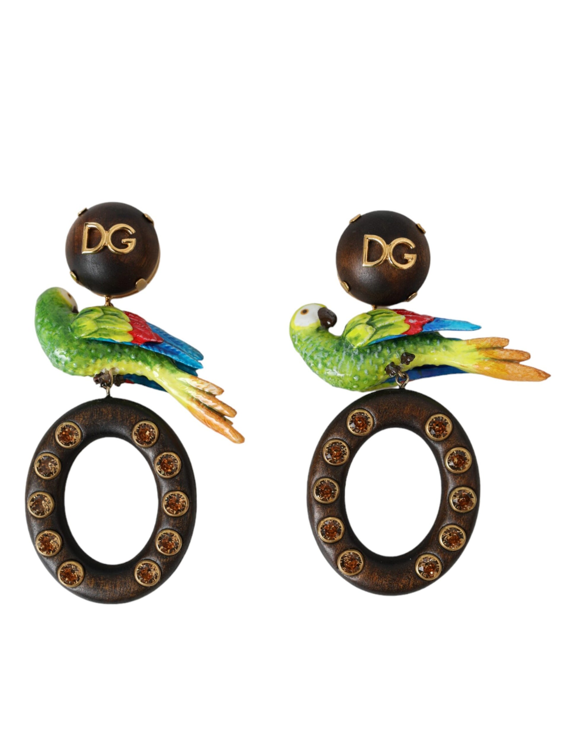 Multicolor Parrot Wood Brass Crystal Embellished Earrings