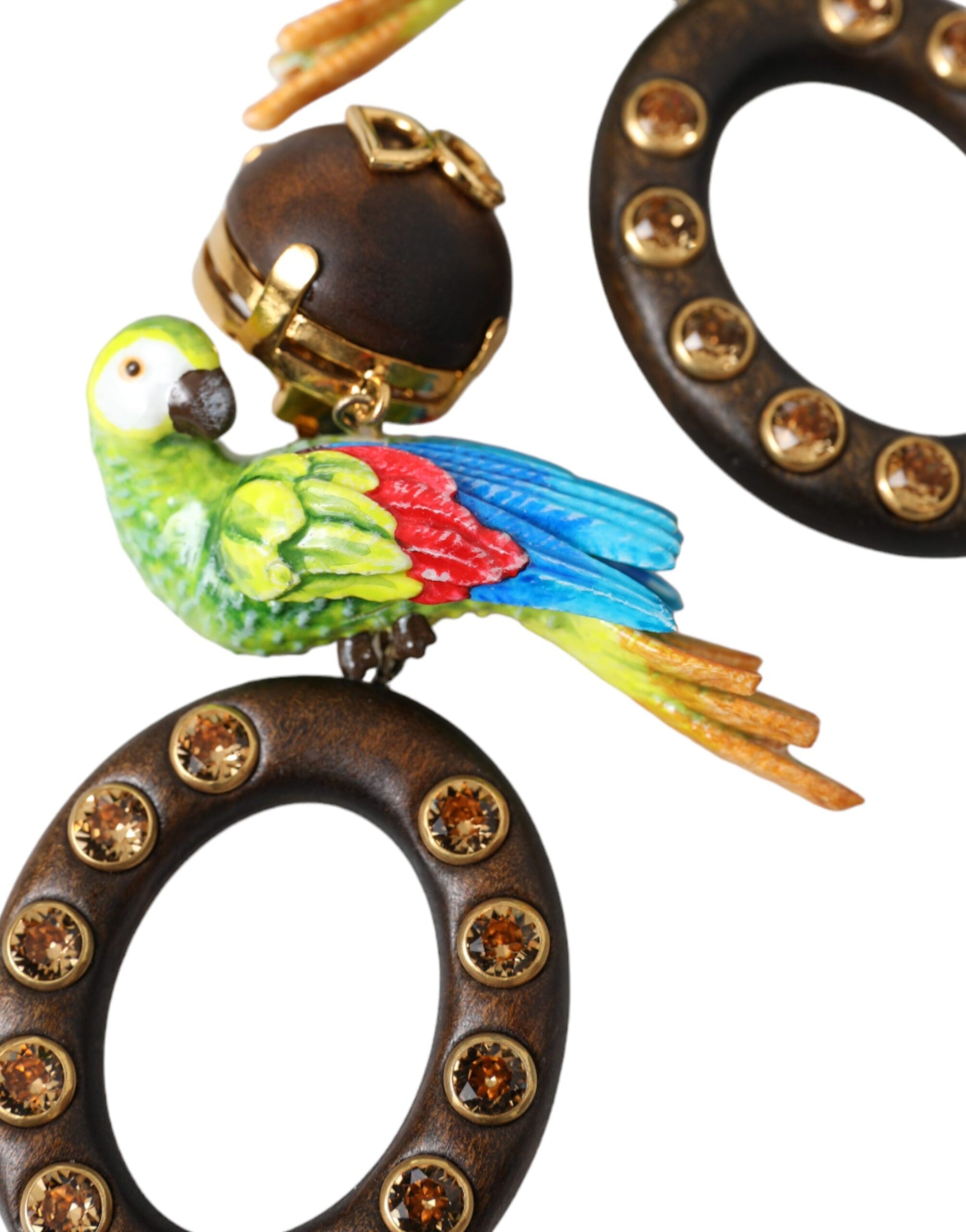 Multicolor Parrot Wood Brass Crystal Embellished Earrings