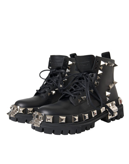 Black Leather Studs Embellished Combat Boots Shoes