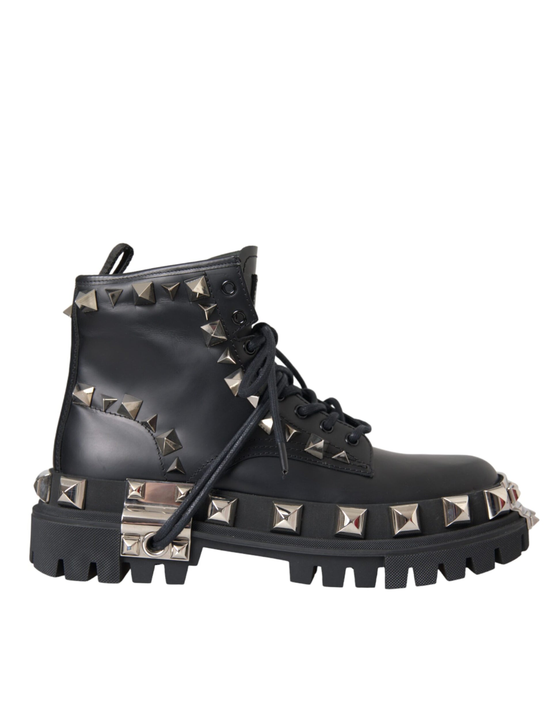 Black Leather Studs Embellished Combat Boots Shoes