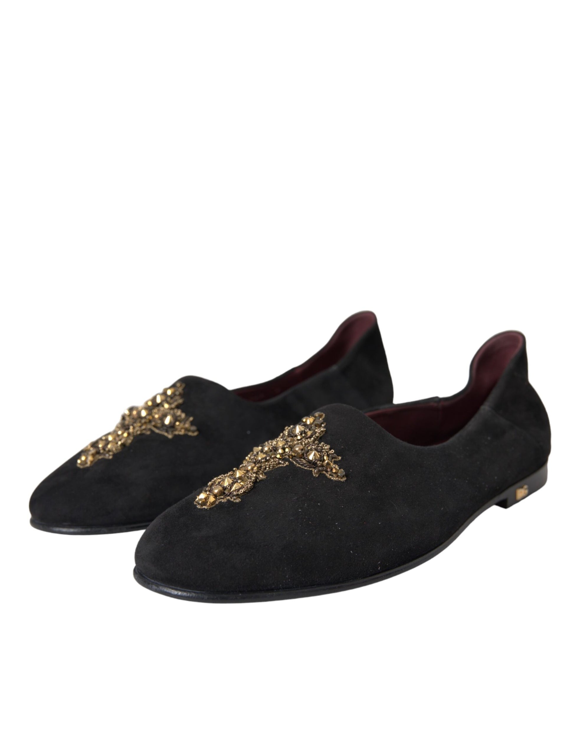 Black Suede Gold Cross Slip On Loafer Shoes