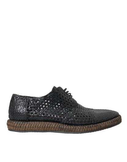 Black Woven Goat Leather Lace Up Derby Shoes