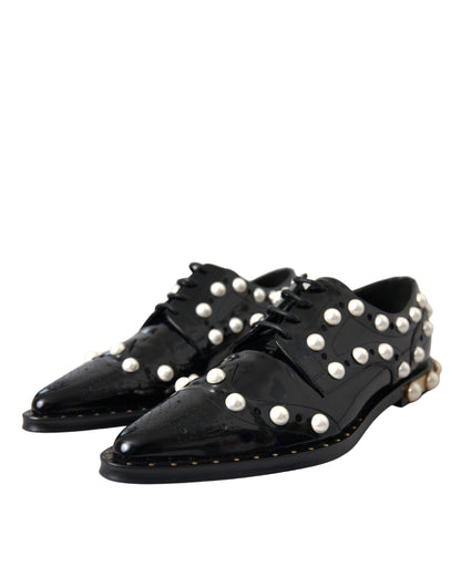 Black Leather Faux Pearl Dress Broque Shoes