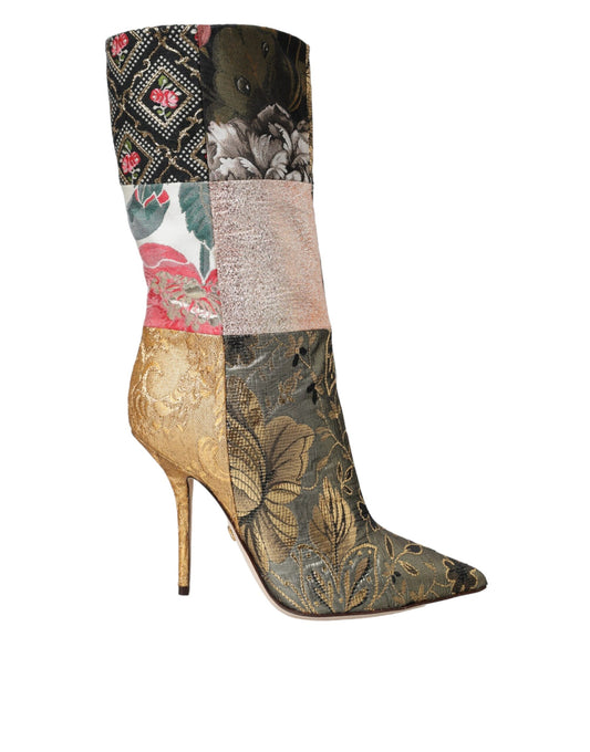 Multicolor Patchwork Print Heeled Boots Shoes