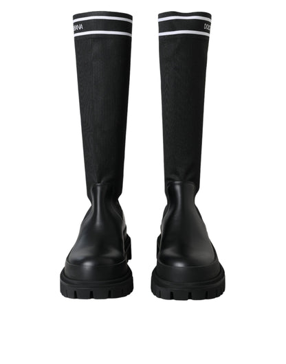 Black Leather Stretch Jersey Boots Shoes