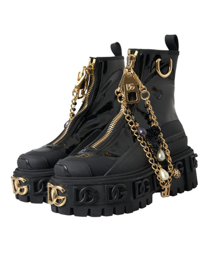 Black Rubber Embellished Trekking Boots Shoes