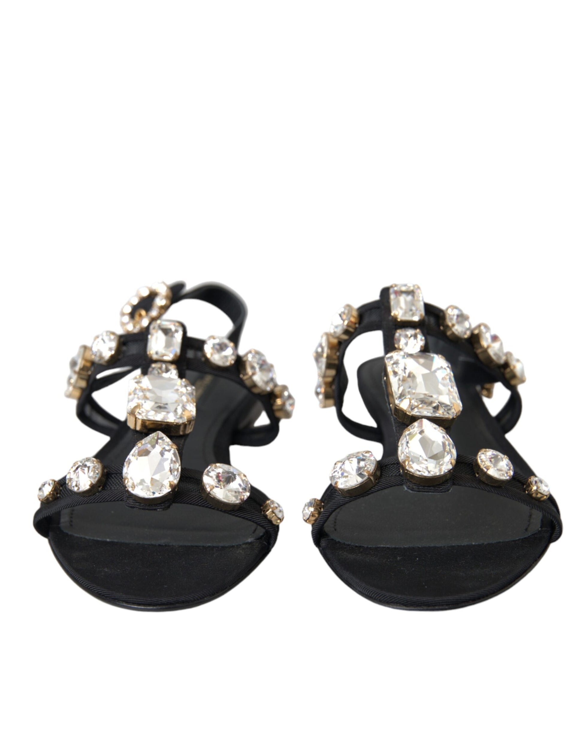 Black Leather Crystal Flats Sandals Shoes